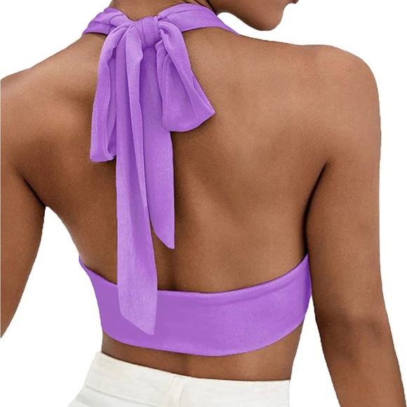 Purple Deep V Halter Crop Top - Picture 2 of 2